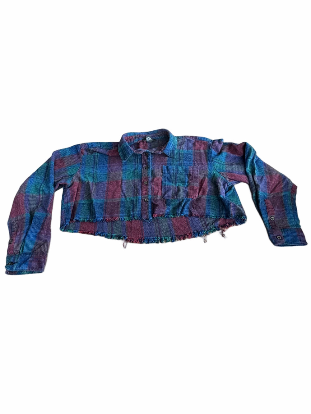 Forever 21 Cropped Plaid Button-Up Jacket in Blue and Purple